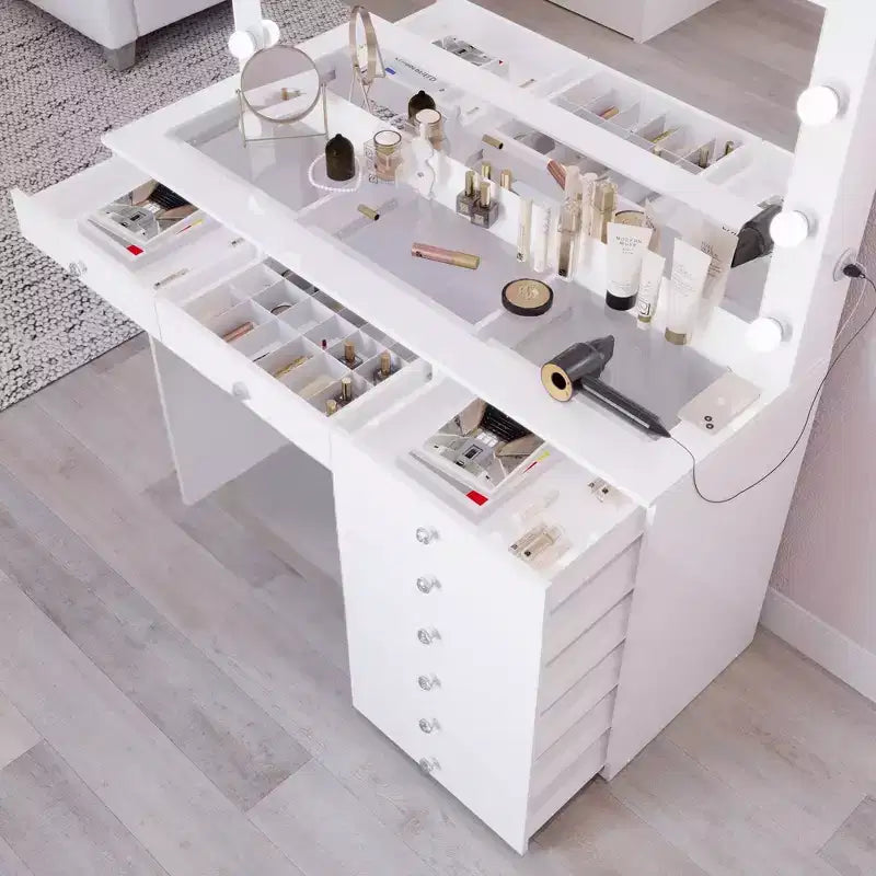 Hollywood Makeup Vanity with Lighted Mirror | 8 Drawers & USB Port | White