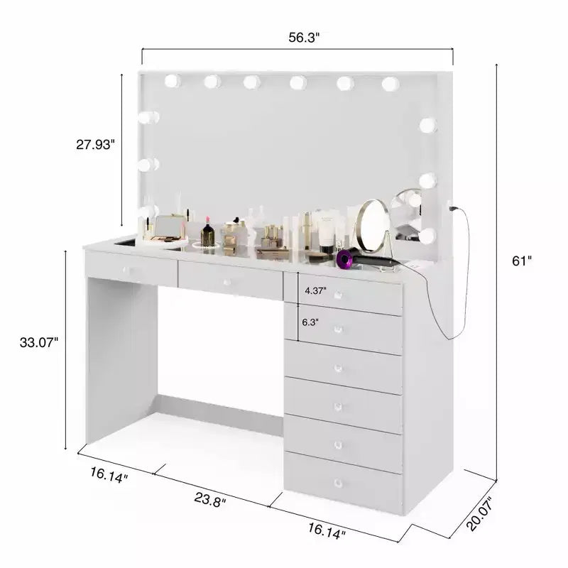 Hollywood Makeup Vanity with Lighted Mirror | 8 Drawers & USB Port | White
