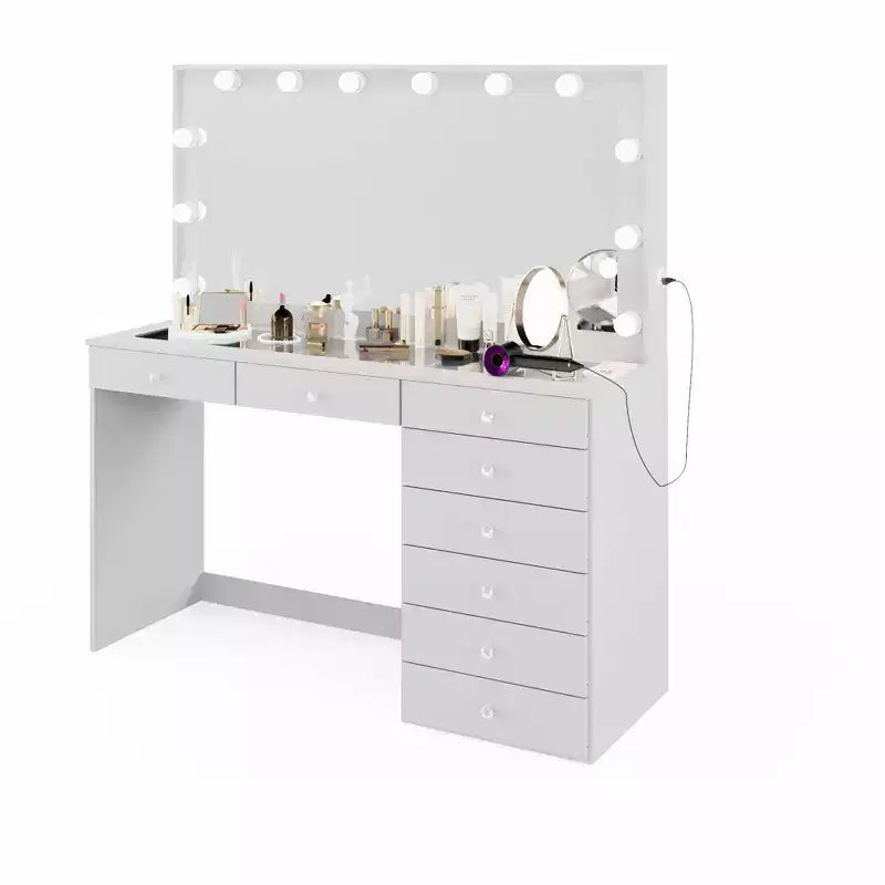 Hollywood Makeup Vanity with Lighted Mirror | 8 Drawers & USB Port | White