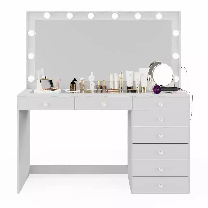 Hollywood Makeup Vanity with Lighted Mirror | 8 Drawers & USB Port | White