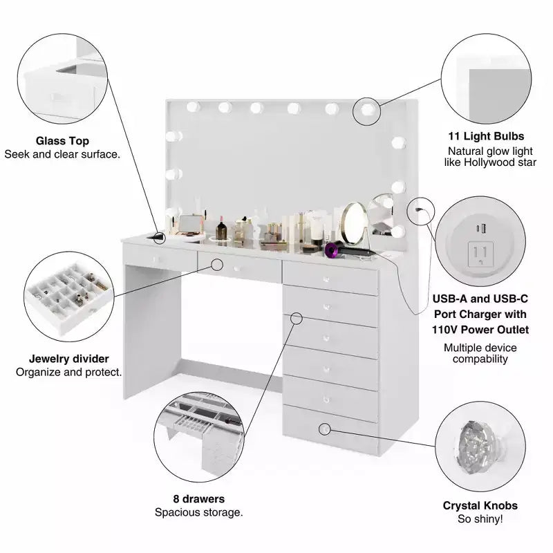 Hollywood Makeup Vanity with Lighted Mirror | 8 Drawers & USB Port | White