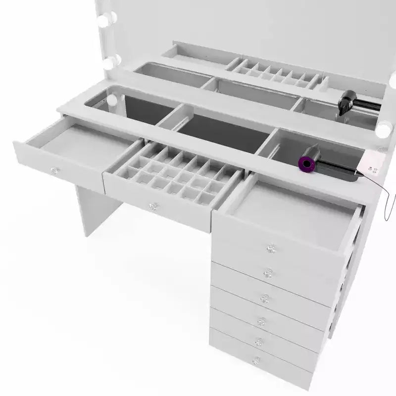 Hollywood Makeup Vanity with Lighted Mirror | 8 Drawers & USB Port | White