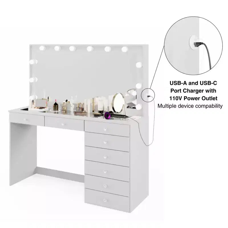 Hollywood Makeup Vanity with Lighted Mirror | 8 Drawers & USB Port | White