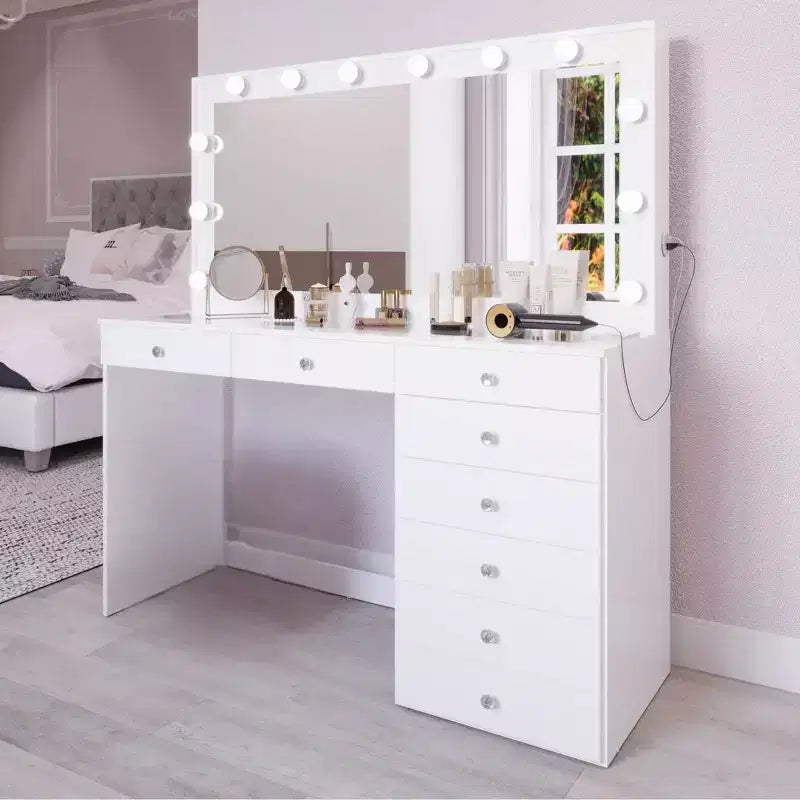 Hollywood Makeup Vanity with Lighted Mirror | 8 Drawers & USB Port | White
