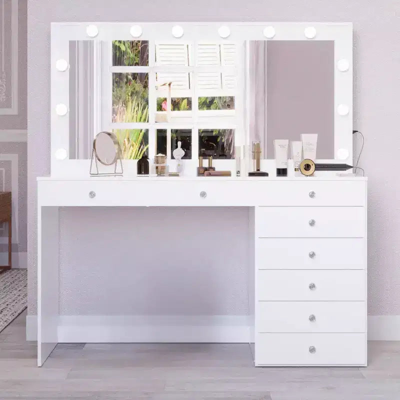 Hollywood Makeup Vanity with Lighted Mirror | 8 Drawers & USB Port | White