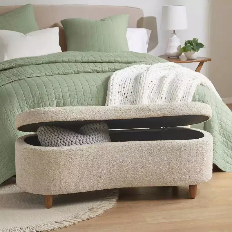 Boucle Flip Top Storage Bench | 48" | Taupe | Wood Legs | 400 lb Capacity