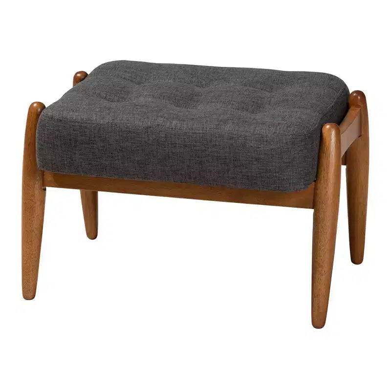 Japandi Button-Tufted Ottoman Footstool | Dark Gray & Walnut Brown