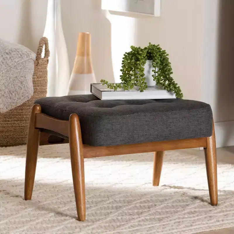 Japandi Button-Tufted Ottoman Footstool | Dark Gray & Walnut Brown