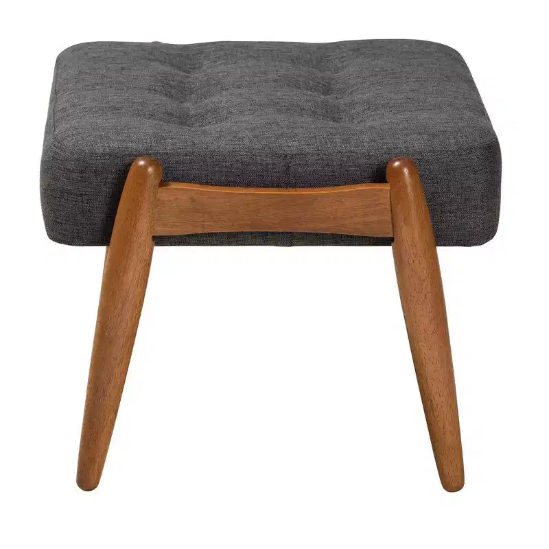 Japandi Button-Tufted Ottoman Footstool | Dark Gray & Walnut Brown