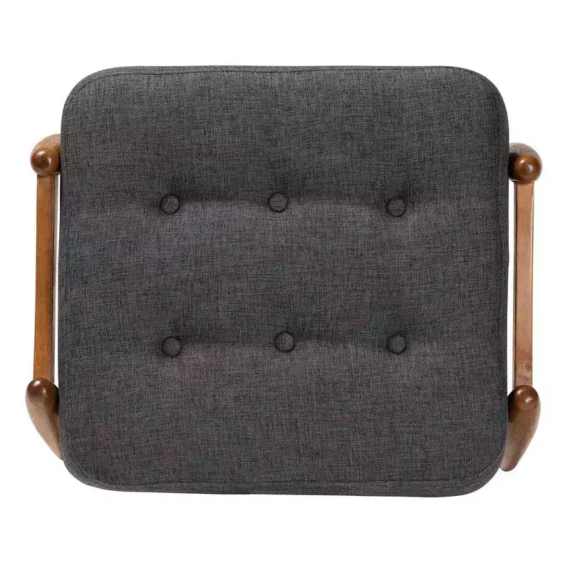 Japandi Button-Tufted Ottoman Footstool | Dark Gray & Walnut Brown