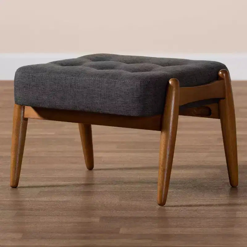 Japandi Button-Tufted Ottoman Footstool | Dark Gray & Walnut Brown