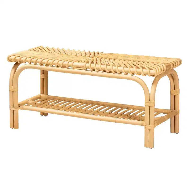 Natural Rattan Accent Bench with Open Shelf | 39" Wide | Bohemian Style