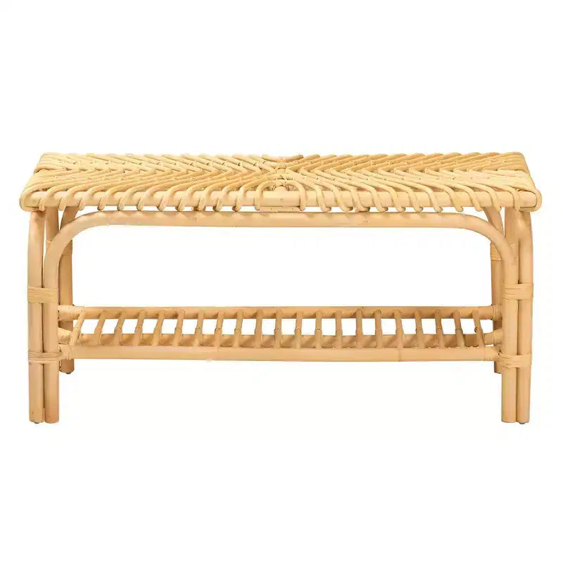 Natural Rattan Accent Bench with Open Shelf | 39" Wide | Bohemian Style
