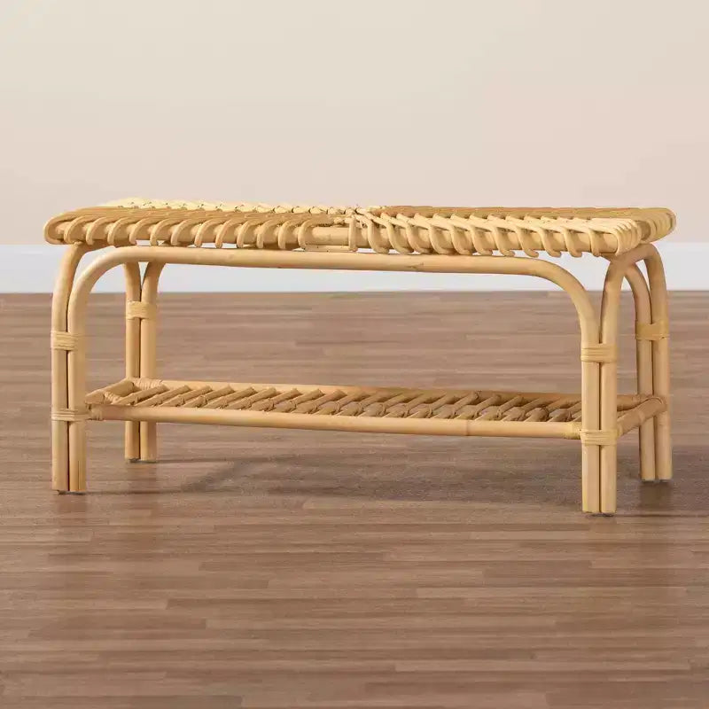 Natural Rattan Accent Bench with Open Shelf | 39" Wide | Bohemian Style