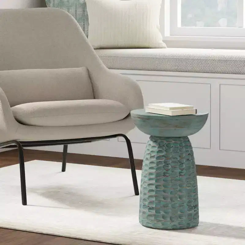 Round Mango Wood Accent Table | Teal Wash | 17.7"H | Scratch-Resistant