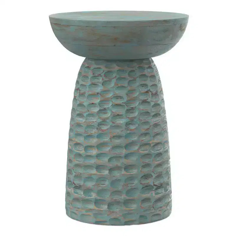 Round Mango Wood Accent Table | Teal Wash | 17.7"H | Scratch-Resistant