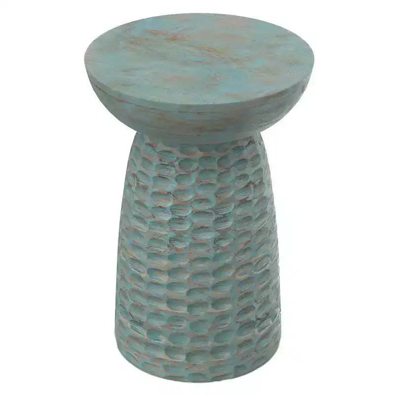Round Mango Wood Accent Table | Teal Wash | 17.7"H | Scratch-Resistant