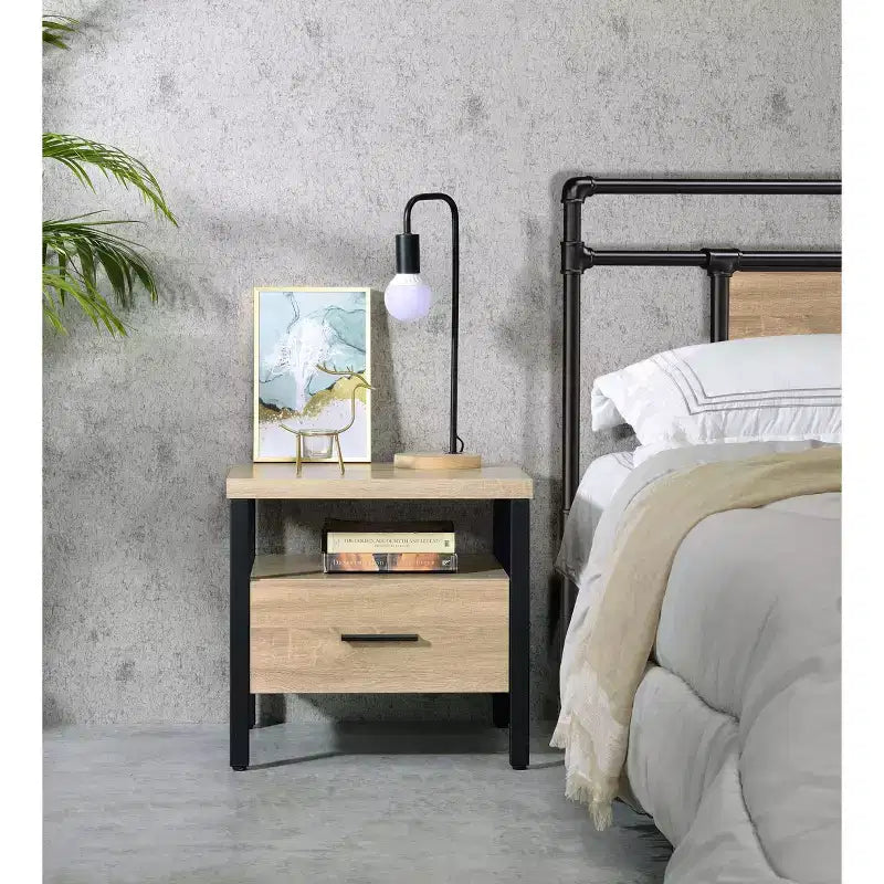 20" Accent Table | Oak & Black Finish | 1 Drawer & Open Shelf | Metal Glides