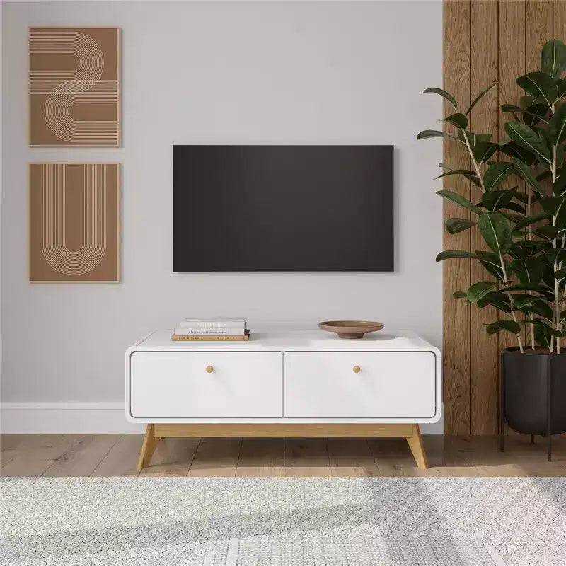 Scandinavian 2-Drawer Curved Entertainment Console | White | 39.5"W | TVs up to 50"