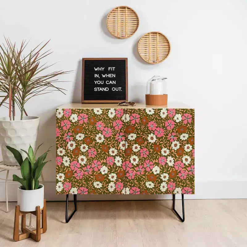 Floral Olive Credenza | Walnut Frame & Birch Surface | 2 Doors | 2 Adjustable Shelves