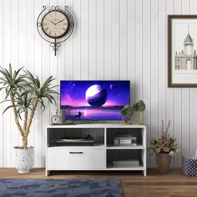Modern TV Stand | 3 Open Compartments & 1 Drawer | For TVs up to 55" | White