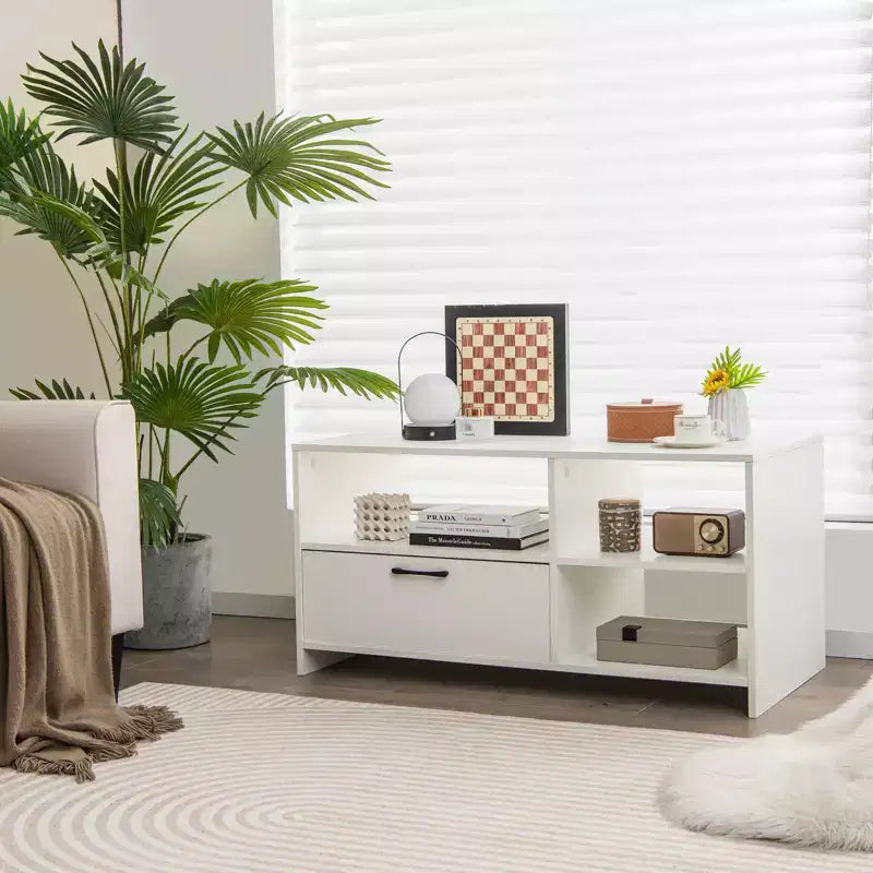 Modern TV Stand | 3 Open Compartments & 1 Drawer | For TVs up to 55" | White