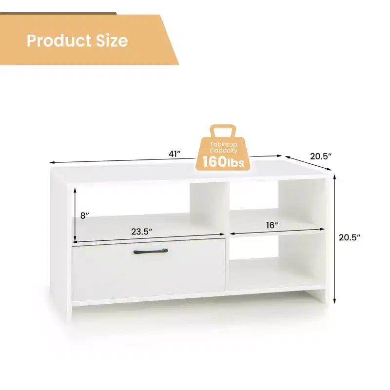 Modern TV Stand | 3 Open Compartments & 1 Drawer | For TVs up to 55" | White