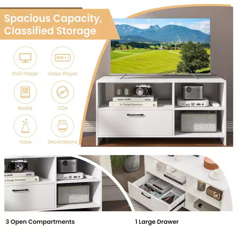 Modern TV Stand | 3 Open Compartments & 1 Drawer | For TVs up to 55" | White