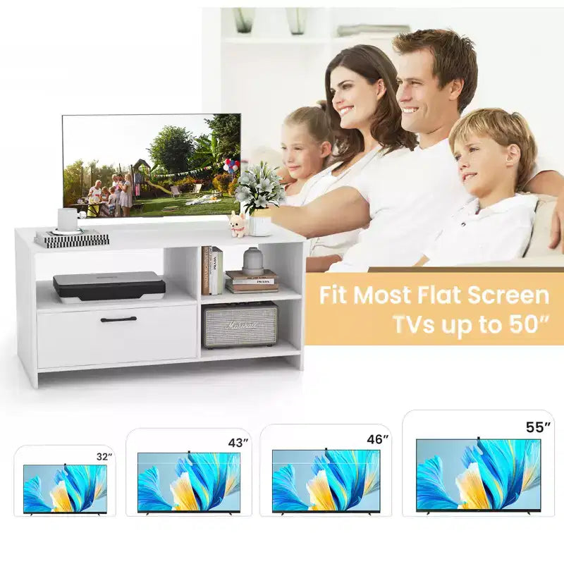 Modern TV Stand | 3 Open Compartments & 1 Drawer | For TVs up to 55" | White