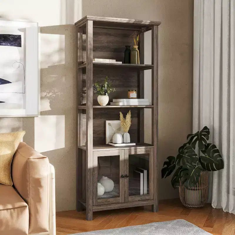 Modern Farmhouse Bookcase & Storage Cabinet | Tempered Glass Doors | 3 Shelves | 200 lb