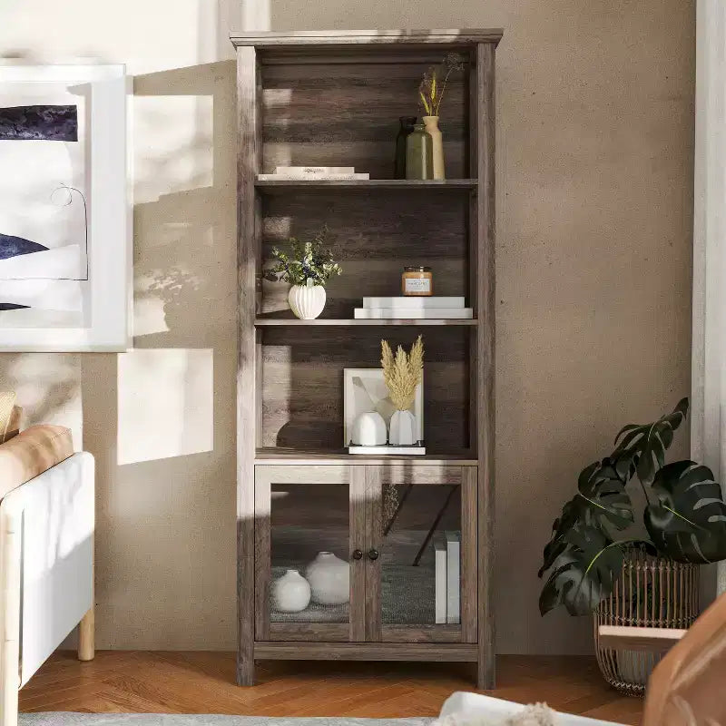 Modern Farmhouse Bookcase & Storage Cabinet | Tempered Glass Doors | 3 Shelves | 200 lb