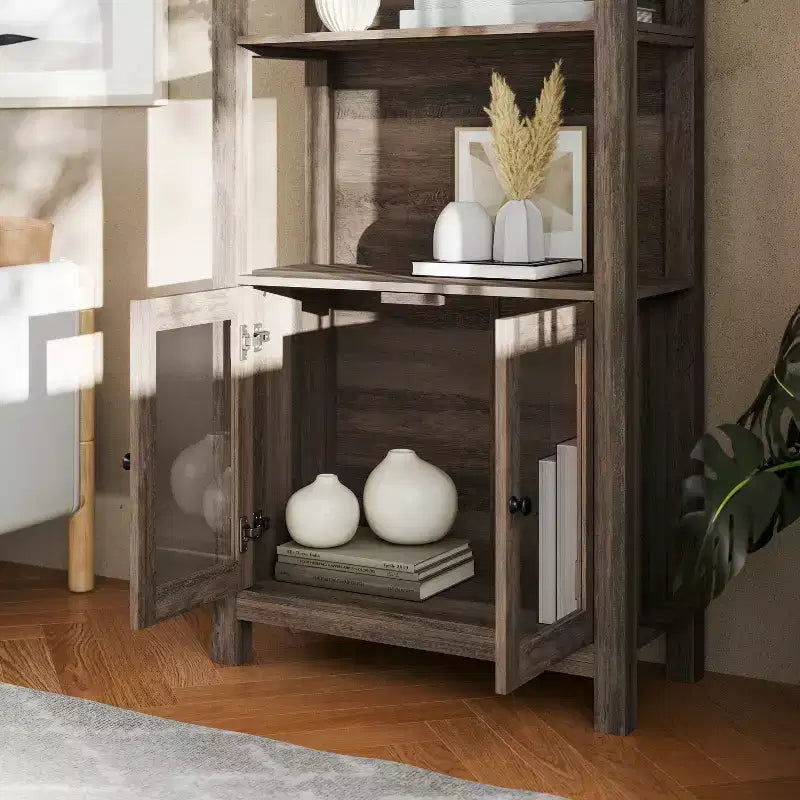 Modern Farmhouse Bookcase & Storage Cabinet | Tempered Glass Doors | 3 Shelves | 200 lb