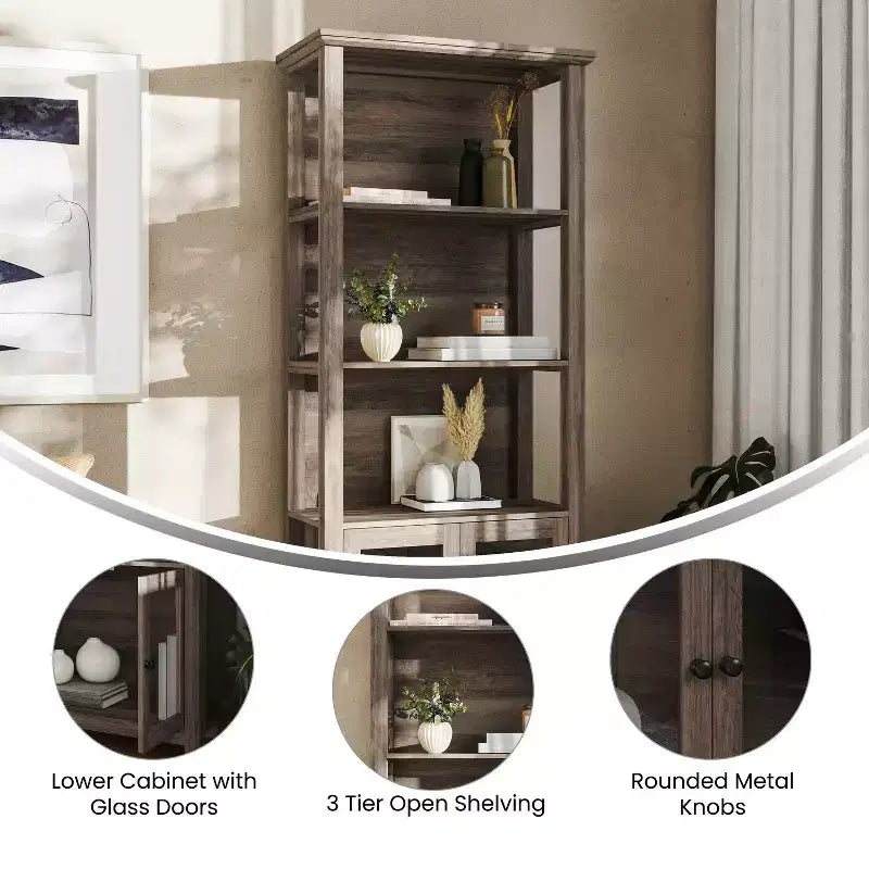 Modern Farmhouse Bookcase & Storage Cabinet | Tempered Glass Doors | 3 Shelves | 200 lb
