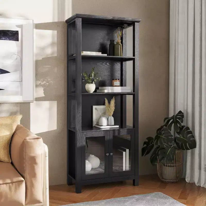 Modern Farmhouse Bookcase & Storage Cabinet | Tempered Glass Doors | 3 Shelves | 200 lb