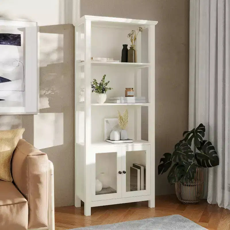 Modern Farmhouse Bookcase & Storage Cabinet | Tempered Glass Doors | 3 Shelves | 200 lb