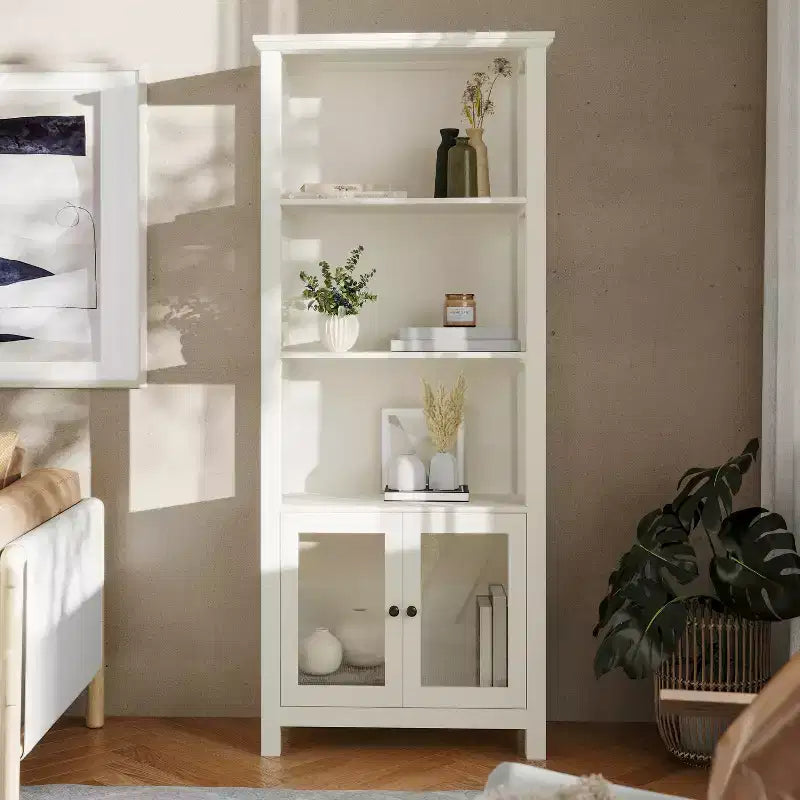 Modern Farmhouse Bookcase & Storage Cabinet | Tempered Glass Doors | 3 Shelves | 200 lb