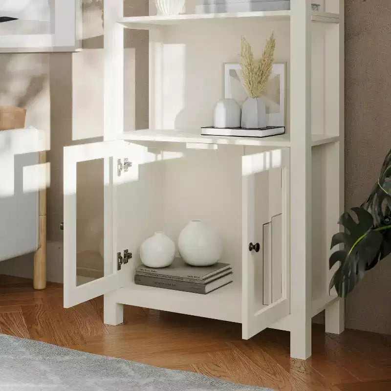 Modern Farmhouse Bookcase & Storage Cabinet | Tempered Glass Doors | 3 Shelves | 200 lb