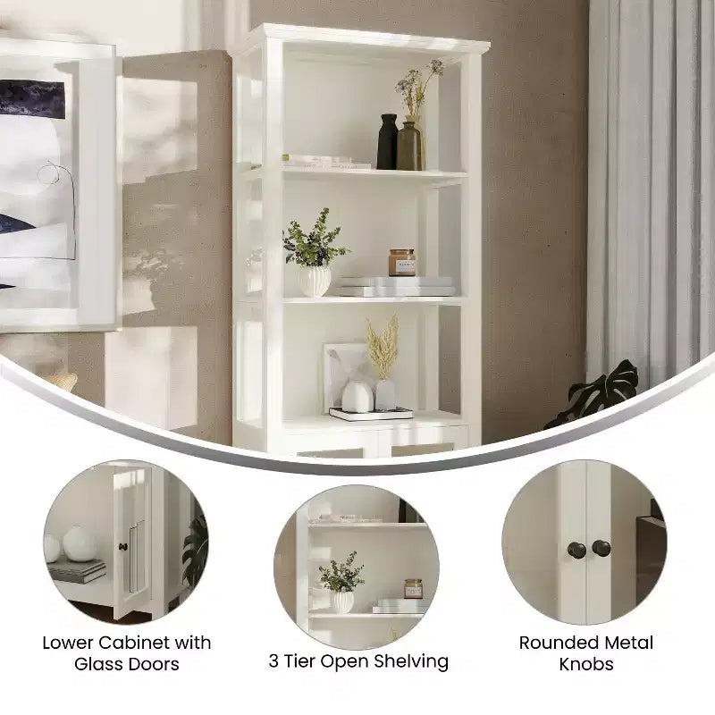 Modern Farmhouse Bookcase & Storage Cabinet | Tempered Glass Doors | 3 Shelves | 200 lb