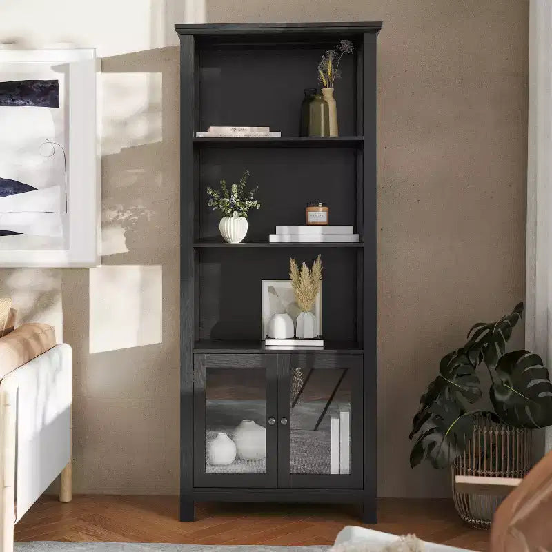 Modern Farmhouse Bookcase & Storage Cabinet | Tempered Glass Doors | 3 Shelves | 200 lb