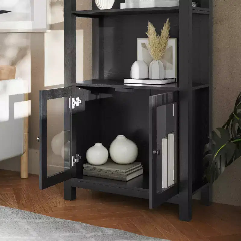 Modern Farmhouse Bookcase & Storage Cabinet | Tempered Glass Doors | 3 Shelves | 200 lb