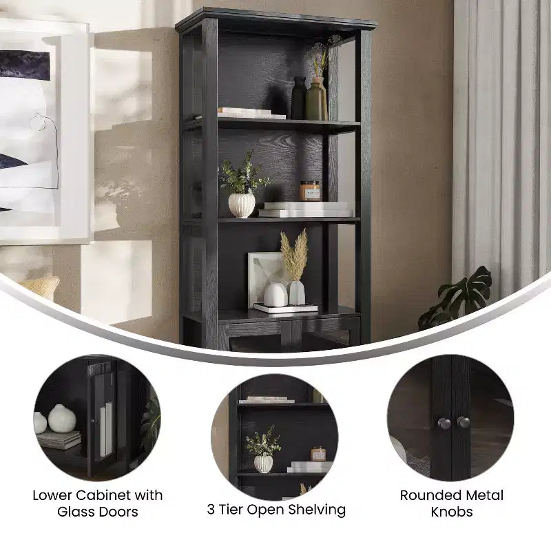 Modern Farmhouse Bookcase & Storage Cabinet | Tempered Glass Doors | 3 Shelves | 200 lb
