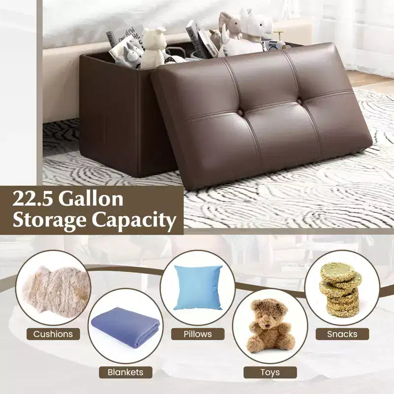 Folding Storage Ottoman | PVC Leather | 30" Rectangle | 330 lb | Footstool