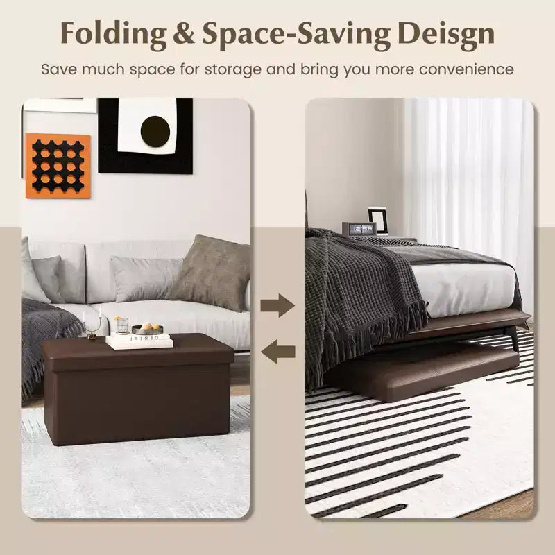Folding Storage Ottoman | PVC Leather | 30" Rectangle | 330 lb | Footstool
