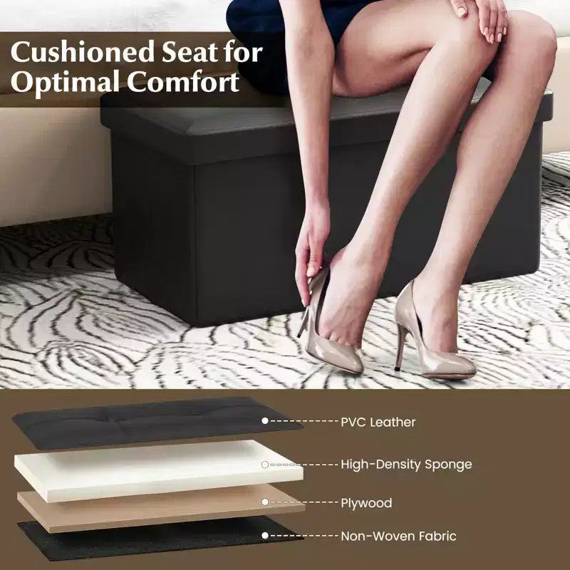 Folding Storage Ottoman | PVC Leather | 30" Rectangle | 330 lb | Footstool