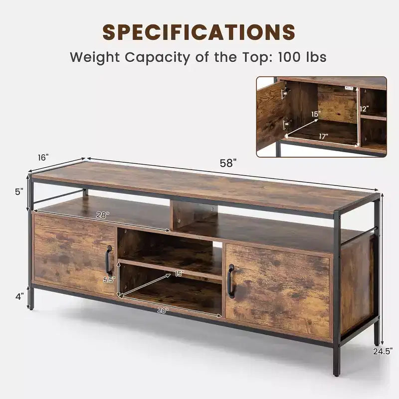 Industrial TV Stand for TVs up to 65" | 58" Wide | 2 Cabinets & Adjustable Shelf