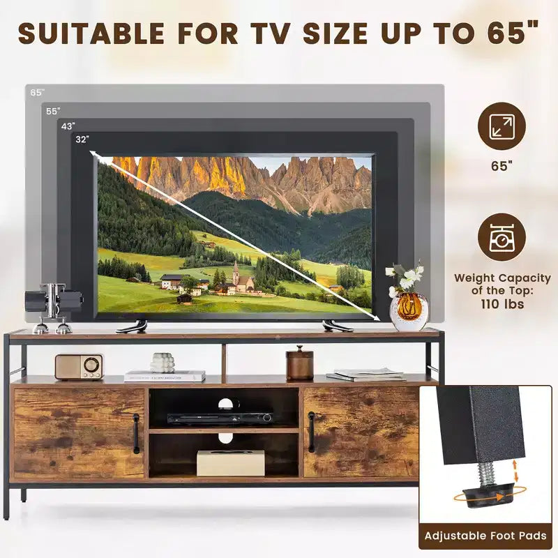Industrial TV Stand for TVs up to 65" | 58" Wide | 2 Cabinets & Adjustable Shelf