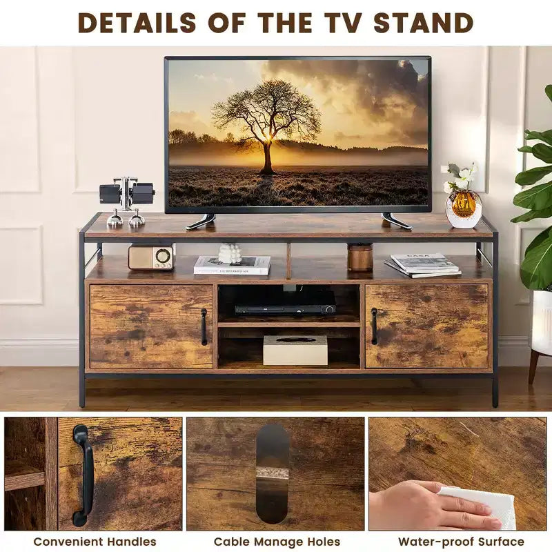 Industrial TV Stand for TVs up to 65" | 58" Wide | 2 Cabinets & Adjustable Shelf