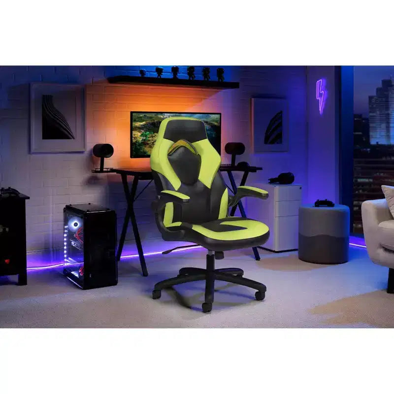 Ergonomic Gaming Chair | Flip-up Arms | Bonded Leather | 275 lb | 5-Year Warranty