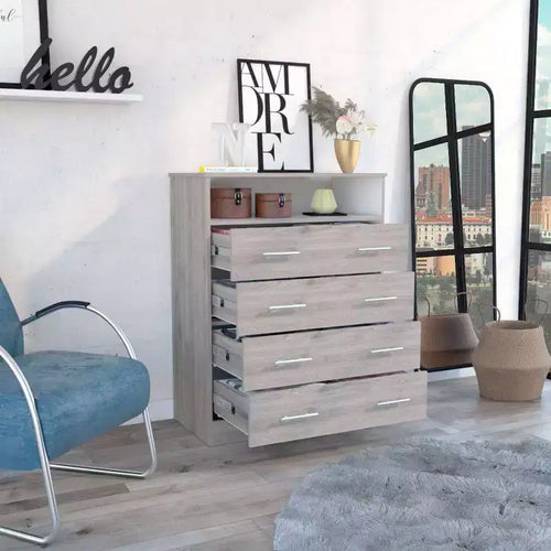 Commode à 4 tiroirs | 109 cm H | Stratifié bois | Dispositif anti-basculement inclus