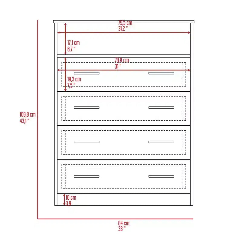 4-Drawer Dresser | 43"H | Wood Laminate | Anti-Tip Hardware Included